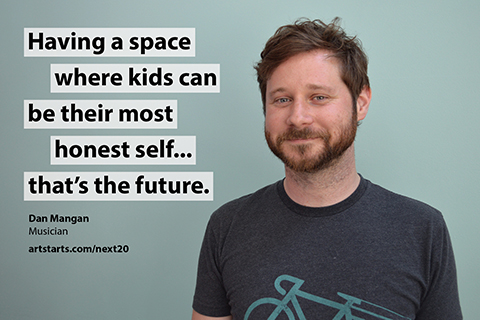 Dan Mangan next to a quote about how they envision the next 20 years of arts education in BC