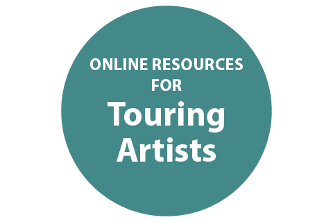 A blue circle with the words 'Online resources for touring artists' inside