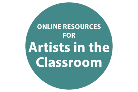 A blue circle with the words 'Online resources for artists in the classroom' inside' inside