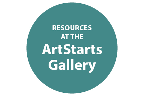 A blue circle with the words 'resources at the ArtStarts Gallery'