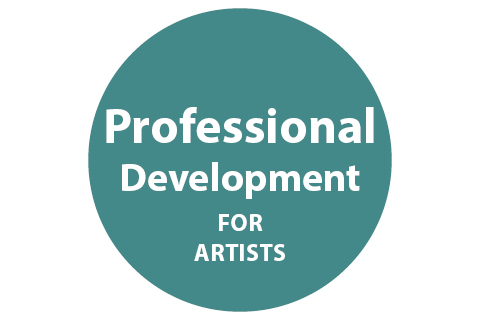 A blue circle with the words 'professional development for artists'