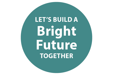 A teal circle with the text 'let's build a bright future together'