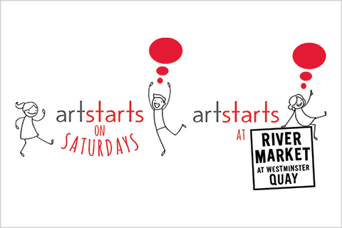The ArtStarts on Saturdays logo and ArtStarts at River Market logos feature doodles  of young people holding the ArtStarts logo: