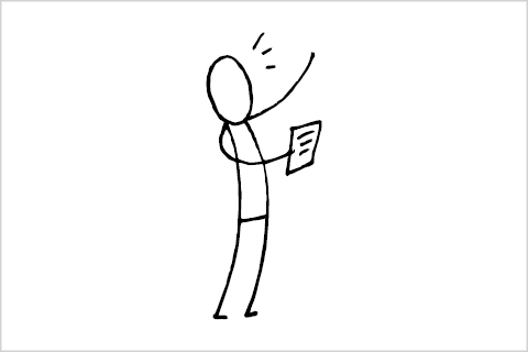 A stick figure reading from a paper. Their hand is raised in the air