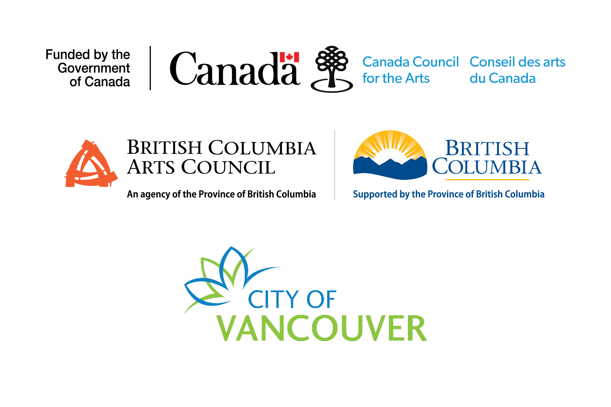 A group of logos representing ArtStarts government supporters include Canada Council of the Arts, BC Arts Council, Province of B