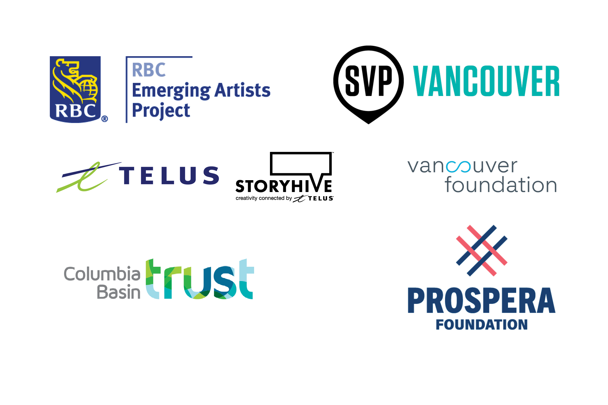 A group of logos representing ArtStarts institutional supporters include RBC, SVP Vancouver. Telus Storyhive, Columbia Basin Tru